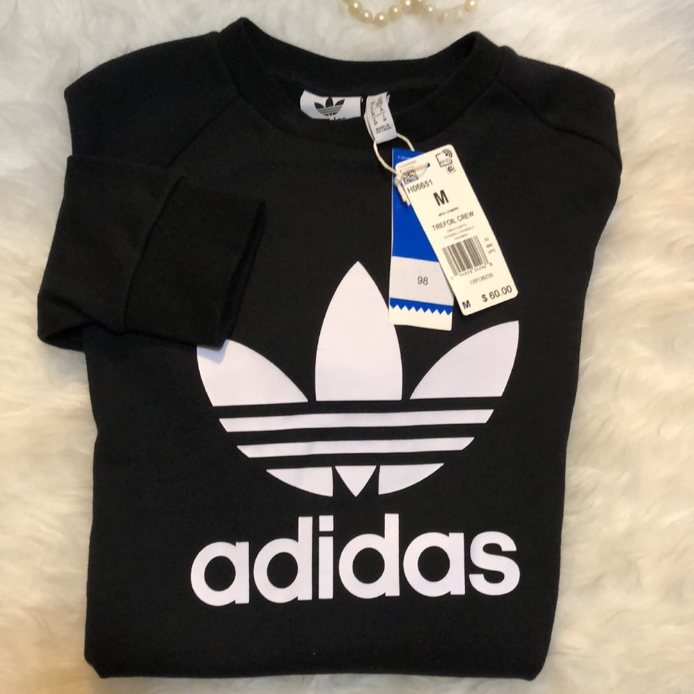 NWT • ADIDAS • NEW Men’d Black Crewneck with White Trefoil Logo - Picture 4 of 7
